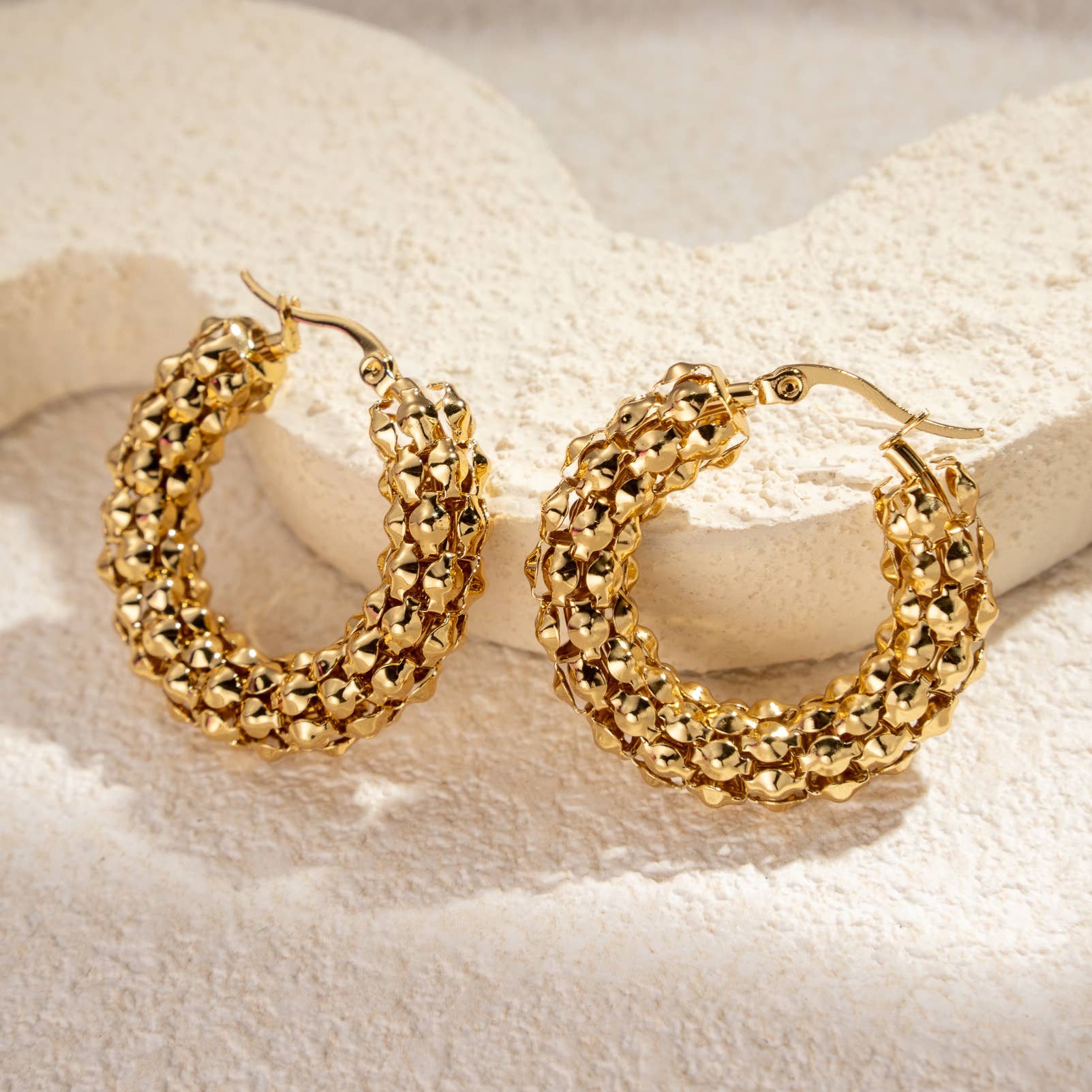 Gold Stainless Steel Woven Hoop Earrings - Image 1
